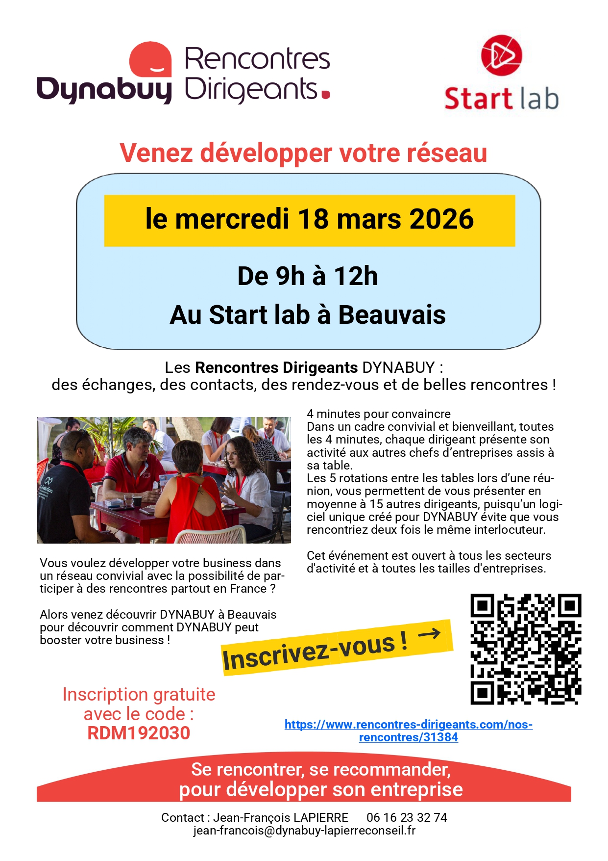 Affiche évènement Rencontres Dirigeants Dynabuy le mercredi 18 mars 2026 de 9h à 12h au Start Lab à Beauvais - networking entre dirigeants.
